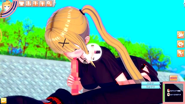 Blonde Big-Titted Anime Gal Gives Intense Standing Blowjob & Handjob