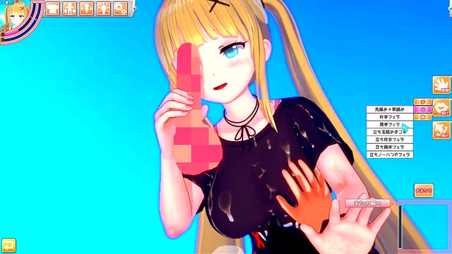 Blonde Big-Titted Anime Gal Gives Intense Standing Blowjob & Handjob