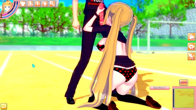 Blonde Big-Titted Anime Gal Gives Intense Standing Blowjob & Handjob