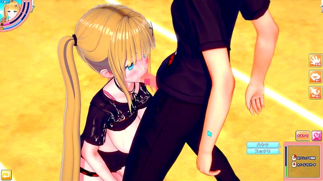 Blonde Big-Titted Anime Gal Gives Intense Standing Blowjob & Handjob