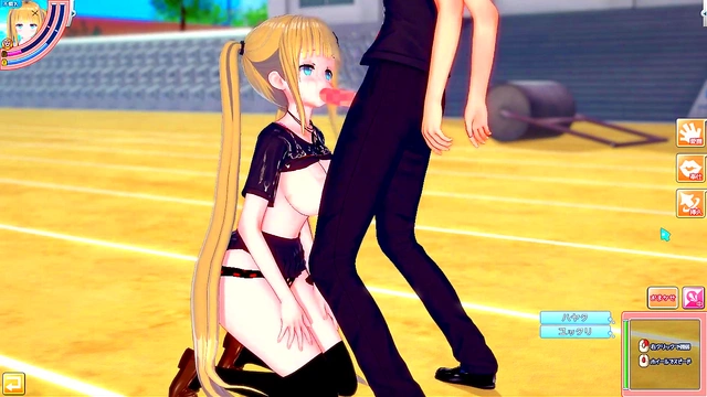 Blonde Big-Titted Anime Gal Gives Intense Standing Blowjob & Handjob