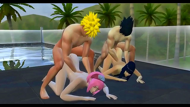 Hinata & Sakura Swap Wives for Hot Naruto Hentai Anal Sex by the Pool
