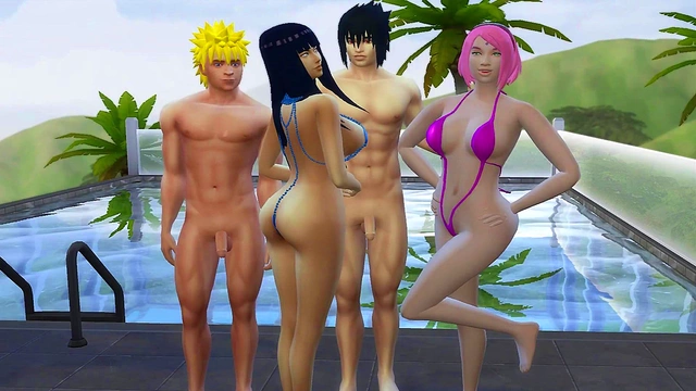Hinata & Sakura Swap Wives for Hot Naruto Hentai Anal Sex by the Pool