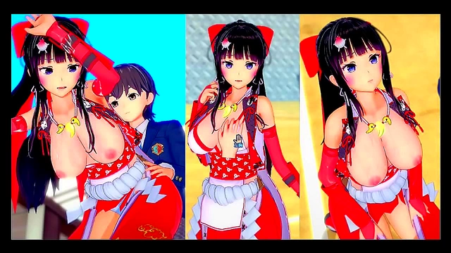 Big-Breasted Shrine Swordfighter Kai Rubs Tits & Gives Blowjob Handjob Feast