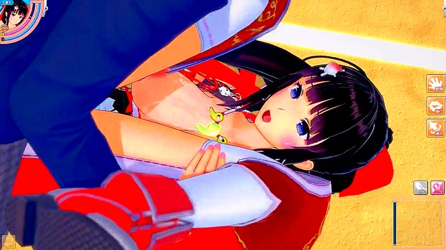 Big-Breasted Shrine Swordfighter Kai Rubs Tits & Gives Blowjob Handjob Feast