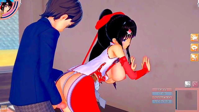 Big-Breasted Shrine Swordfighter Kai Rubs Tits & Gives Blowjob Handjob Feast