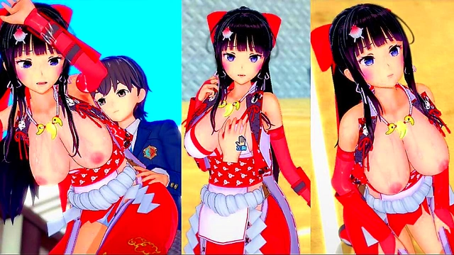 Big-Breasted Shrine Swordfighter Kai Rubs Tits & Gives Blowjob Handjob Feast