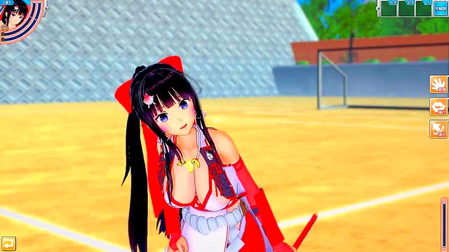 Big-Breasted Shrine Swordfighter Kai Rubs Tits & Gives Blowjob Handjob Feast