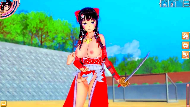 Big-Breasted Shrine Swordfighter Kai Rubs Tits & Gives Blowjob Handjob Feast