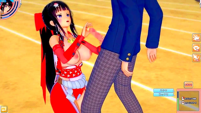 Big-Breasted Shrine Swordfighter Kai Rubs Tits & Gives Blowjob Handjob Feast