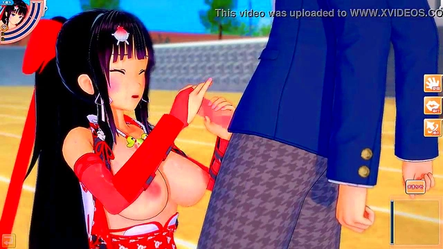 Big-Breasted Shrine Swordfighter Kai Rubs Tits & Gives Blowjob Handjob Feast