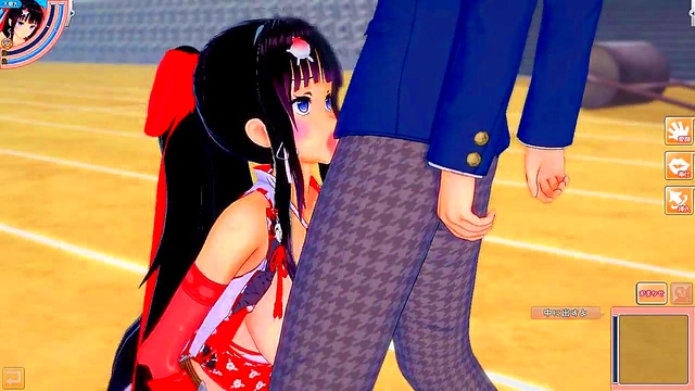 Big-Breasted Shrine Swordfighter Kai Rubs Tits & Gives Blowjob Handjob Feast