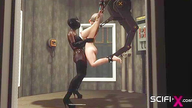 Ball gagged cuffed girl gets fucked by black lesbian masked woman