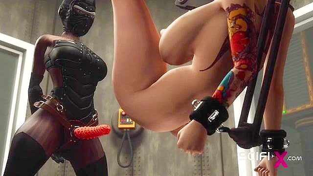 Ball gagged cuffed girl gets fucked by black lesbian masked woman