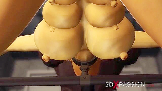 Cuffed sexy blonde with many boobs gets fucked rough by a black cock