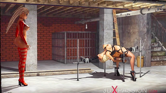 Hot 3d dickgirl bangs a sexy young bondaged blonde in the basement