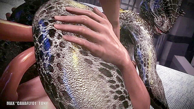 Weird lizard beast gets double penetrated by two human cocks