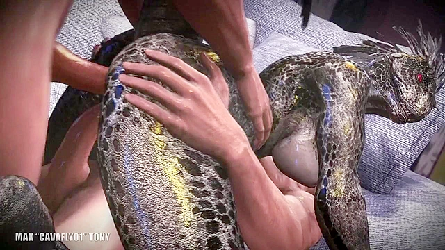 Weird lizard beast gets double penetrated by two human cocks