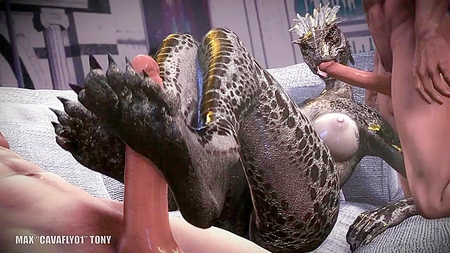 Weird lizard beast gets double penetrated by two human cocks