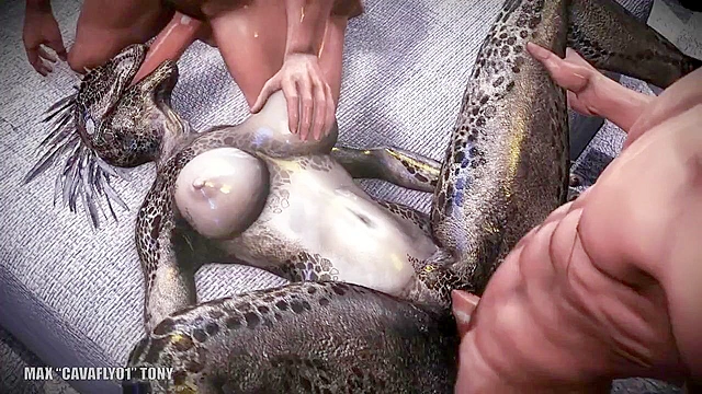 Weird lizard beast gets double penetrated by two human cocks