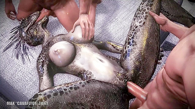 Weird lizard beast gets double penetrated by two human cocks