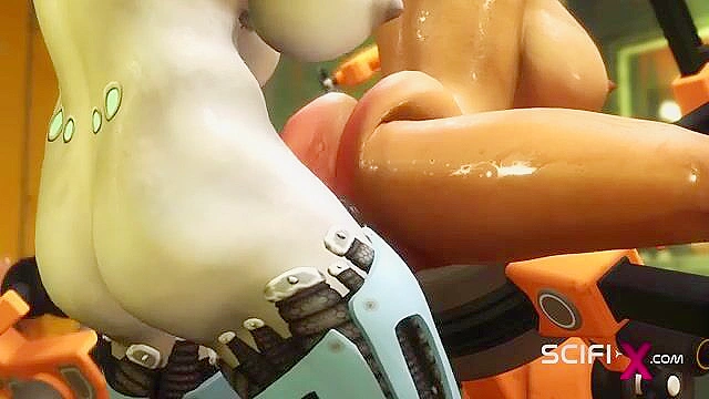 Robot shemale fucks a sexy cuffed busty 3d brunette in the sci-fi lab