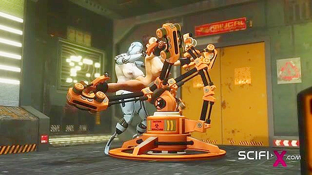 Robot shemale fucks a sexy cuffed busty 3d brunette in the sci-fi lab