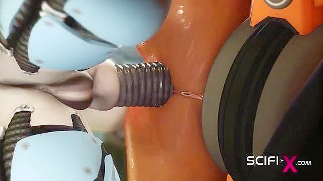 Robot shemale fucks a sexy cuffed busty 3d brunette in the sci-fi lab