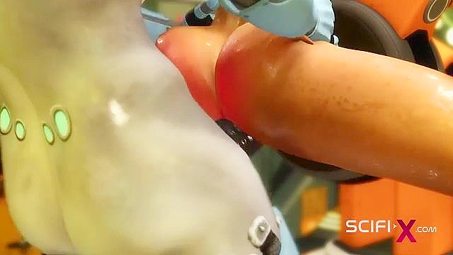Robot shemale fucks a sexy cuffed busty 3d brunette in the sci-fi lab