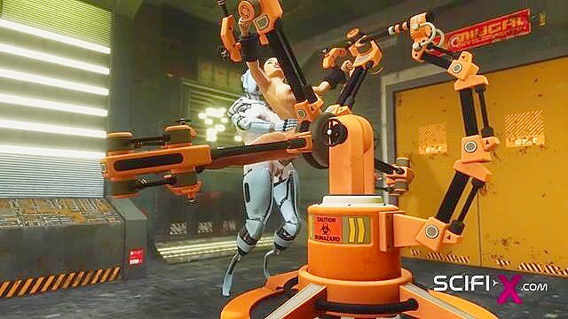 Robot shemale fucks a sexy cuffed busty 3d brunette in the sci-fi lab