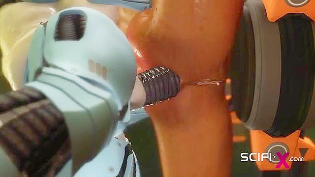 Robot shemale fucks a sexy cuffed busty 3d brunette in the sci-fi lab