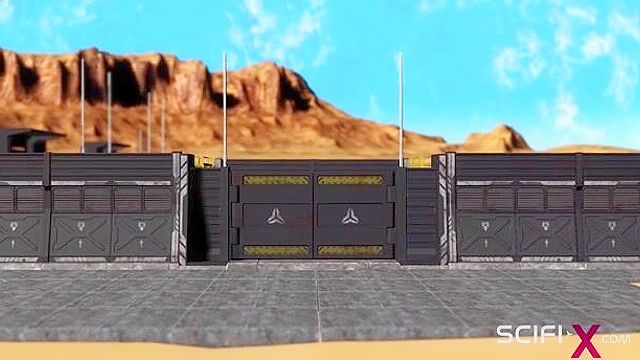 Robot shemale fucks a sexy cuffed busty 3d brunette in the sci-fi lab