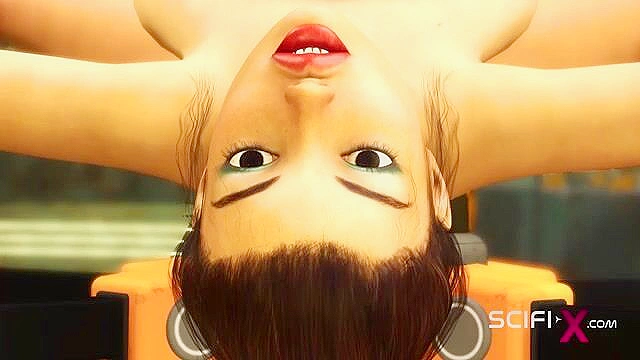 Robot shemale fucks a sexy cuffed busty 3d brunette in the sci-fi lab