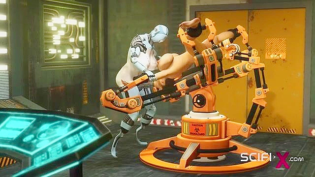 Robot shemale fucks a sexy cuffed busty 3d brunette in the sci-fi lab
