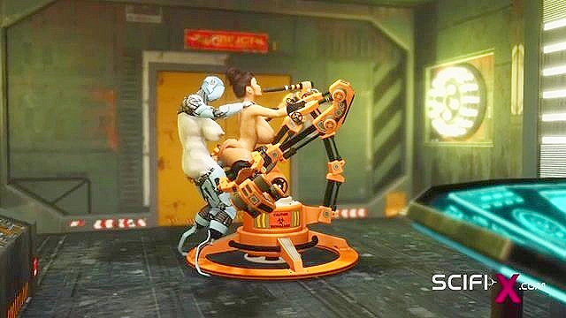 Robot shemale fucks a sexy cuffed busty 3d brunette in the sci-fi lab