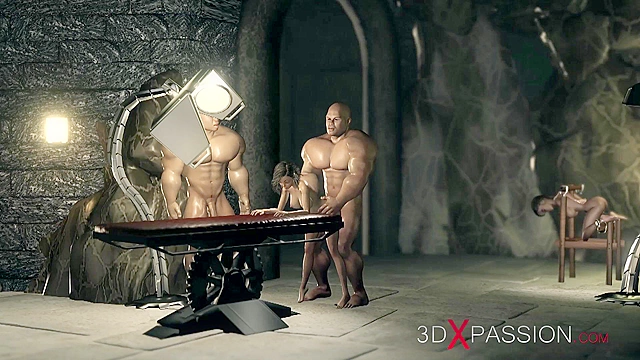 Big cruel dudes fucks hard teenage girl in fetish sex dungeon