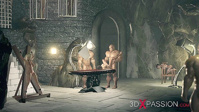 Big cruel dudes fucks hard teenage girl in fetish sex dungeon