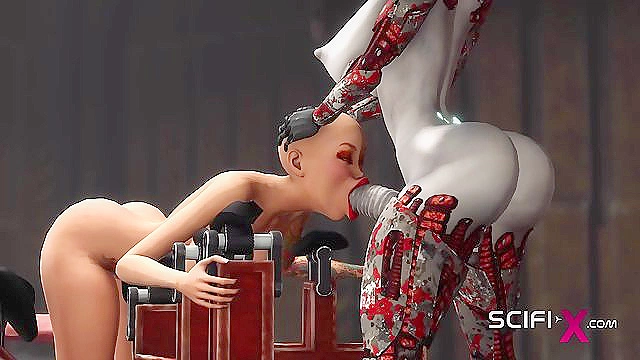 Futa sex robot pounds her dick into a bald human