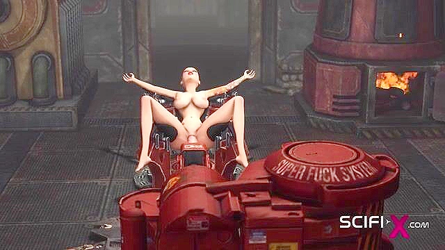 Futa sex robot pounds her dick into a bald human