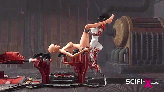 Futa sex robot pounds her dick into a bald human