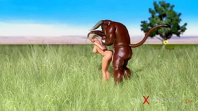 Sweet futa schoolgirl fucked hard by minotaur outdoors