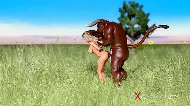 Sweet futa schoolgirl fucked hard by minotaur outdoors