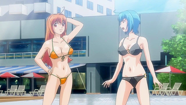 School stud fucks two hot anime girls on the beach in public threesome
