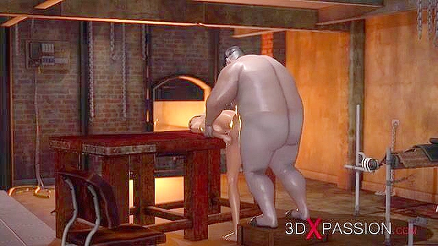 Young blonde gets fucked by a fat maniac in dirty bondage basement