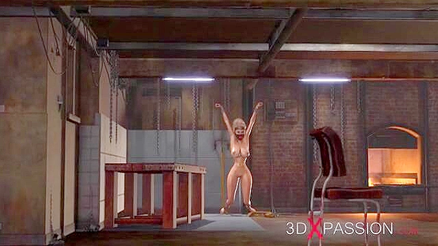 Young blonde gets fucked by a fat maniac in dirty bondage basement