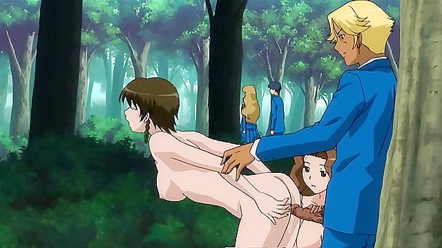 School stud takes two horny anime schoolgirls to the woods and fucks them both