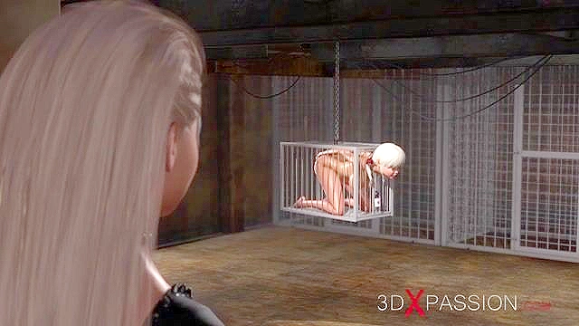 Hot active shemale fucks hard a sexy cuffed young blonde in cage