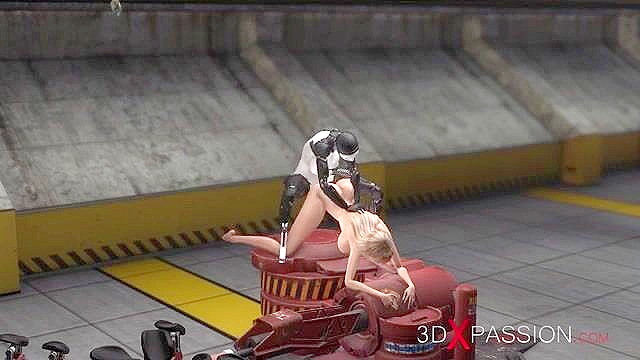 Sci-Fi female android fucks a girl in her mouth hole