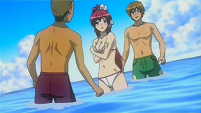 Redhead babe in bikini gets double penetrated on the beach with onlookers