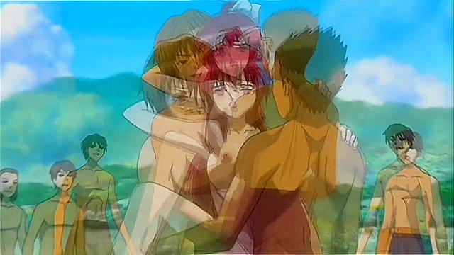 Redhead babe in bikini gets double penetrated on the beach with onlookers